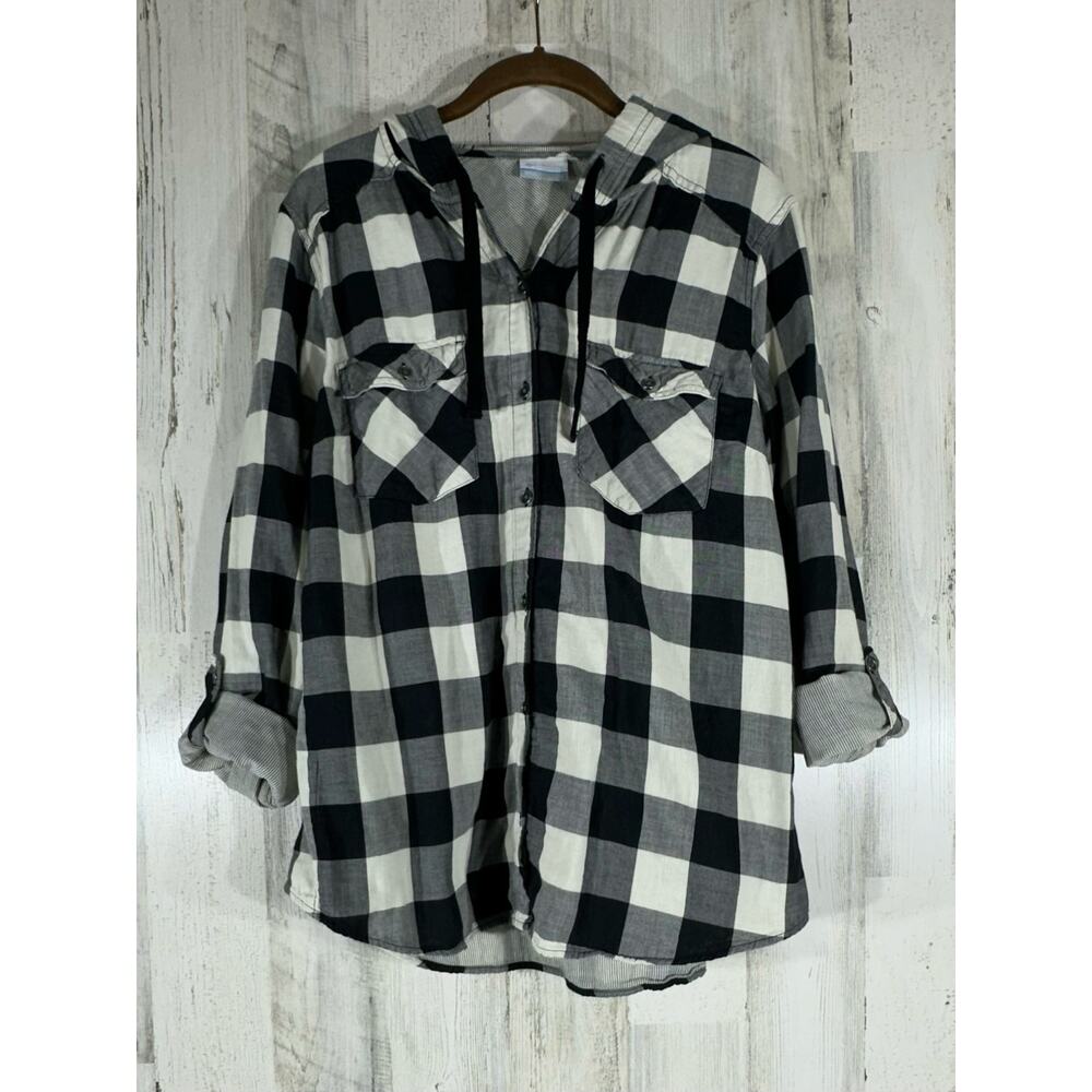 Columbia Womens Button Up Hoodie Size Large Black Buffalo Check Roll Tab Sleeves